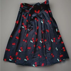 Vintage CHERRY Skirt Womens Medium Black Red Full A-Line Tie Midi BELLE POQUE